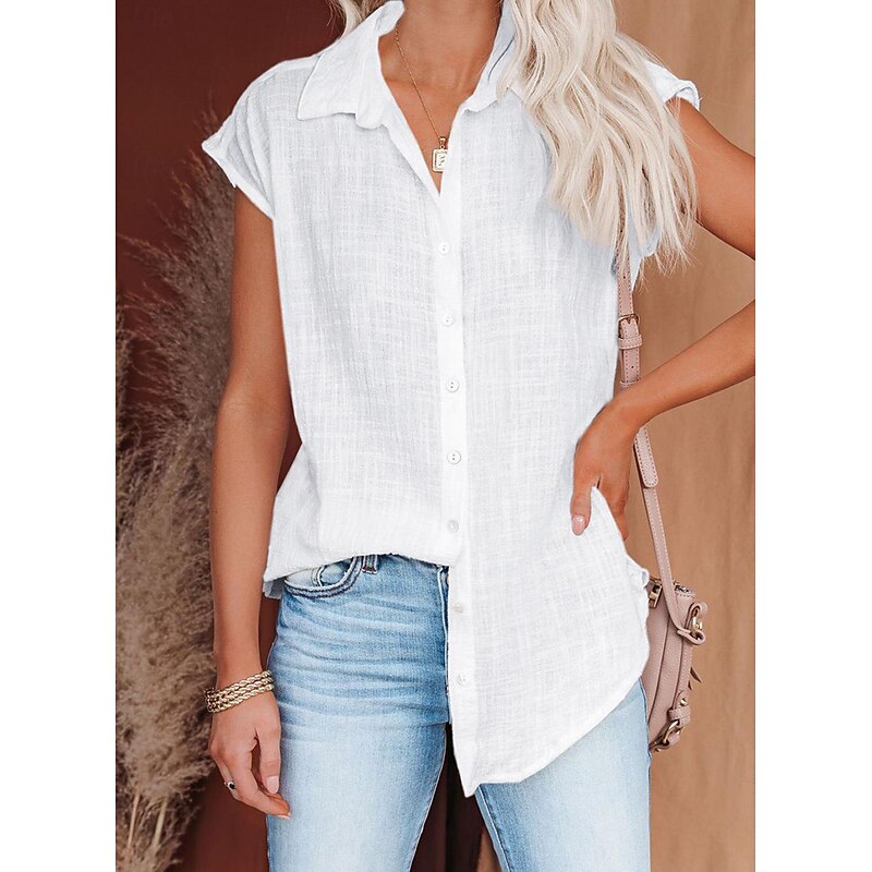 Shirt Blouse Women's Black White Yellow Plain Button Street Daily Fashion Shirt Collar Regular Fit S