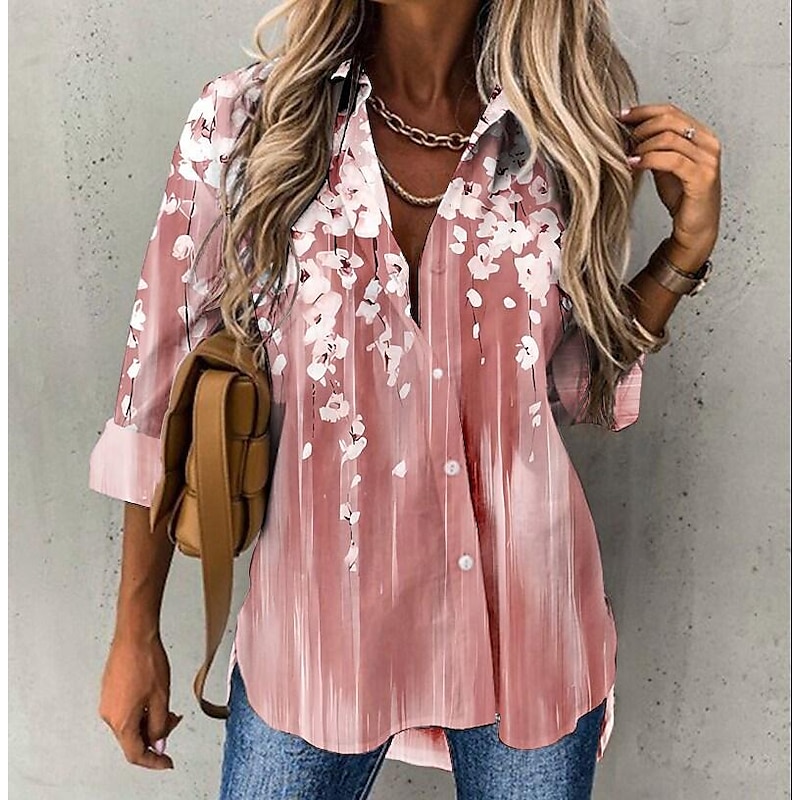 Women's Chiffon Shirt Light Gradient Floral Print Casual Button-Down Long Sleeve Lapel Collar Tops Blouse Breathable Relaxed Fit Multiple Sizes3