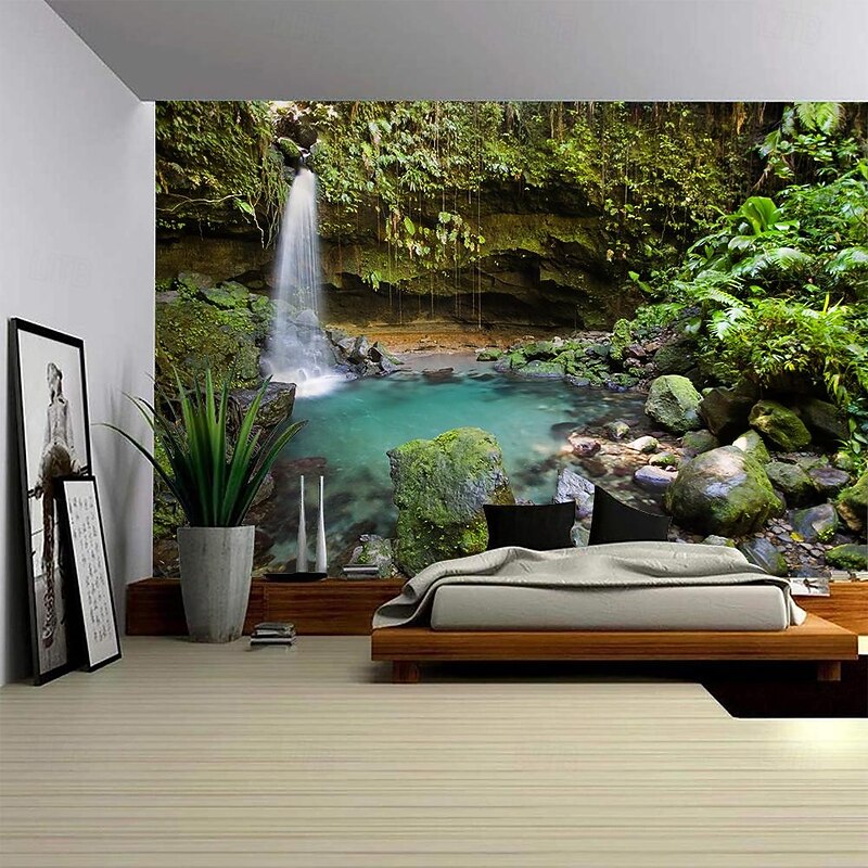 Landscape Waterfall Forest Hanging Tapestry Wall Art Large Tapestry Mural Decor Photograph Backdrop Blanket Curtain Home Bedroom Living Room Decoration