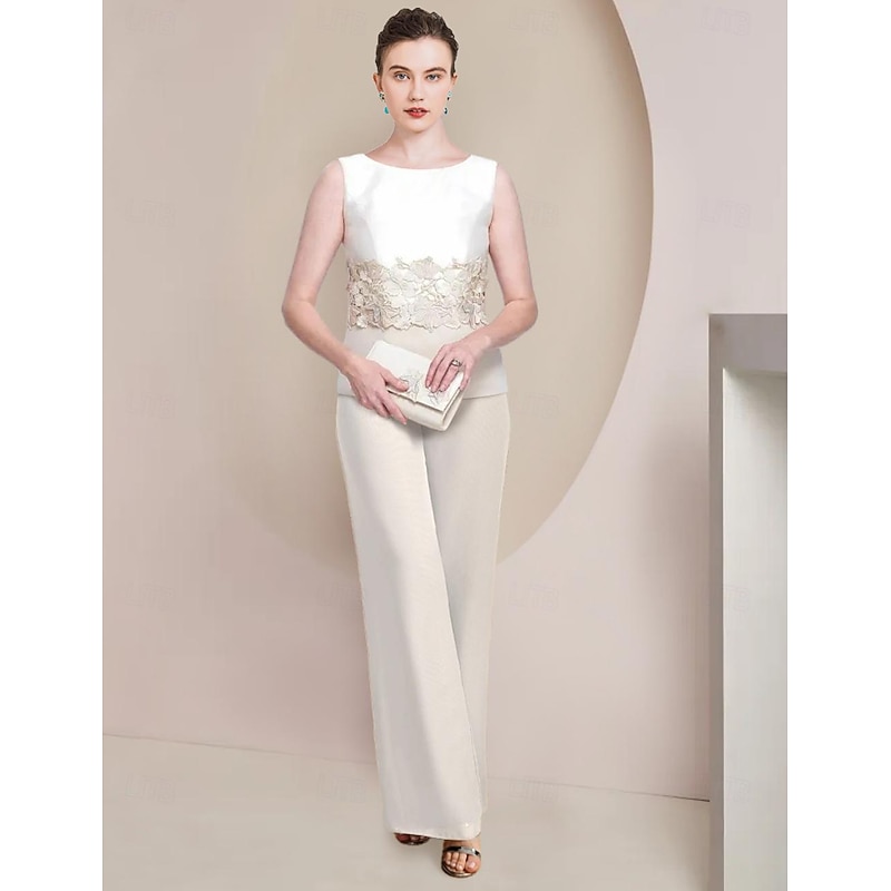 Pantsuit 3 Piece Mother of the Bride  Formal Wedding Guest Elegant Scoop Neck Floor Length Lace Stretch Fabric 3/4 Length Sleeve Wrap Included with Appliques2