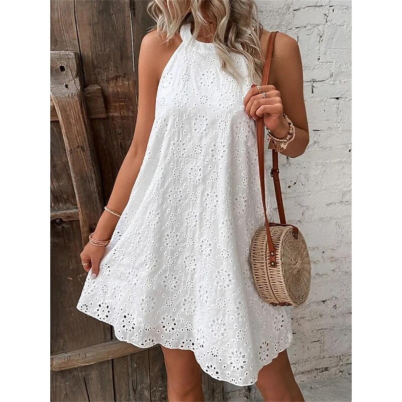 Women's Mini Dress White Dress Lace Dress Casual Dress Boho Dress Casual Vacation Daily Loose Fit Plain Sleeveless Halter Neck Black White Orange Green Summer Spring2