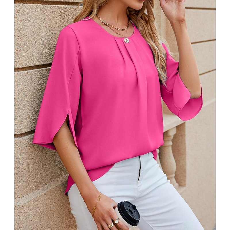 Women's Shirt Short Sleeve Square Neck Vacation Beach Draped Pink Blue Green Summer2