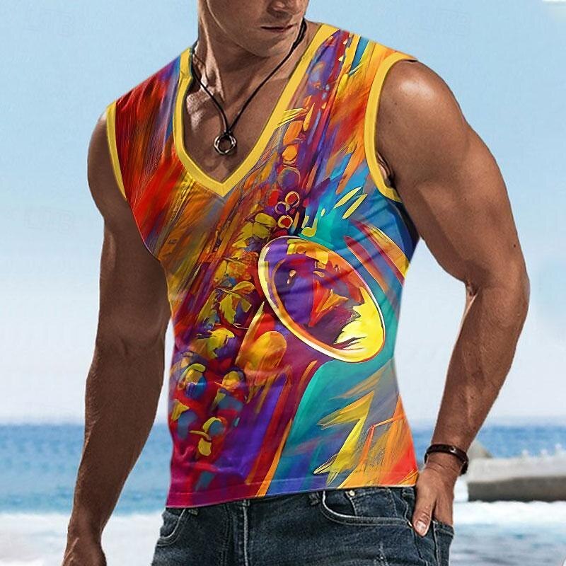 Men's Musical Instrument Country Music Jazz Music Undershirt Sleeveless T shirt 3D Print Crew Neck Shirt Sports Casual Street Daily Holiday Yellow Summer Clothing Apparel S M L XL 2XL 3XL
