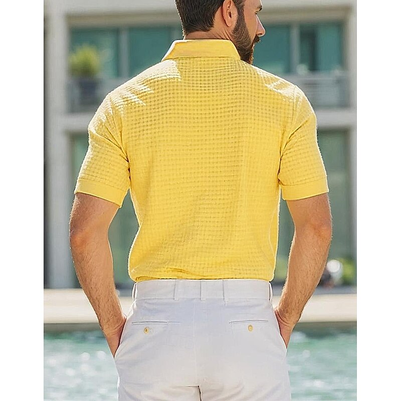 Men's Waffle Polo Shirts Zip Polo Casual Holiday Lapel Quarter Zip Short Sleeve Old Money Style Plain Quarter Zip Summer Regular Fit White Yellow Navy Blue Green Waffle Polo Shirts2