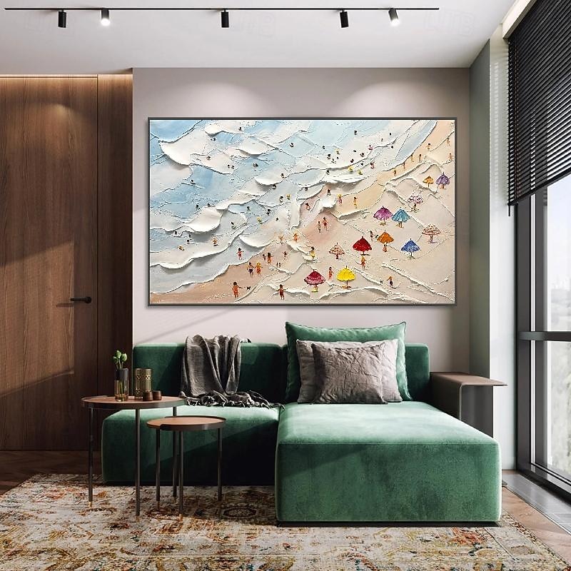Hand painted Happy Coast Painting Swimming Painting Custom Painting Texture wave beach oil painting Wall Art Personalized Gift Summer Art Costal Art Crowds on the Shore Painting2