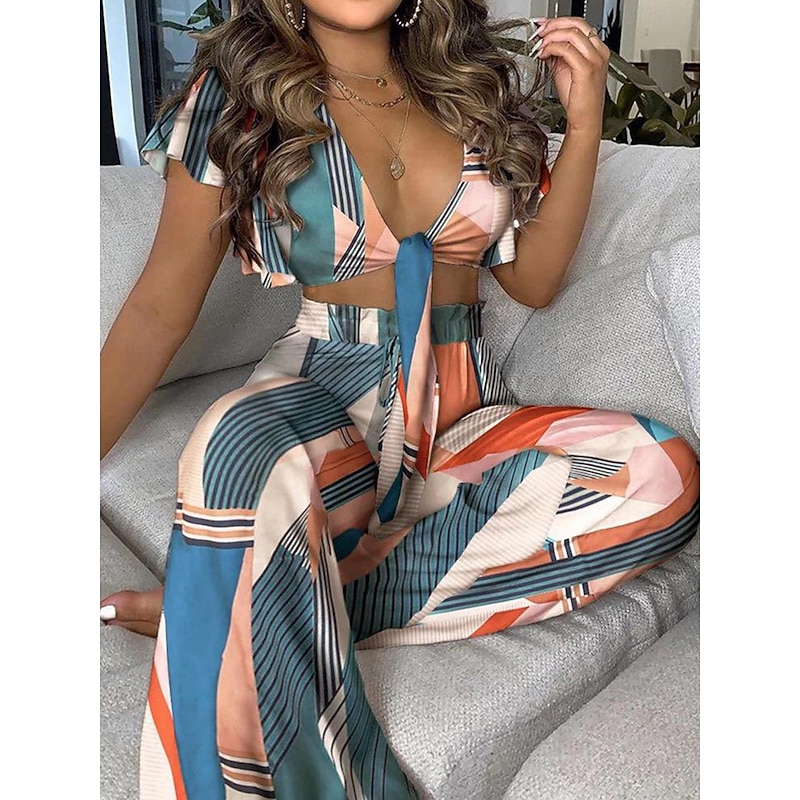 Women's Fashion Crop Top Pants Sets Pants Trousers Short Sleeve V Neck Printing Lace up Print Holiday Weekend White Pink Blue Summer Regular Fit3
