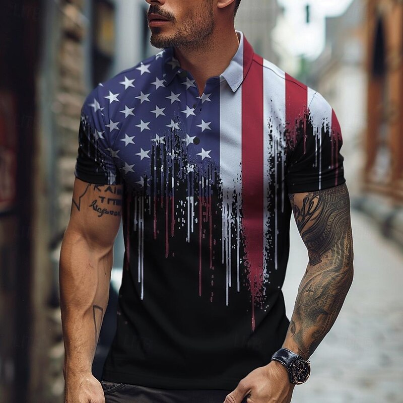 Men's American Flag Veterans Polo Shirts Golf Shirt Short Sleeve Polo Shirts Collared Shirts Casual Vacation Wear Party Outfits Buttons 3D Print Spring & Summer Black White
