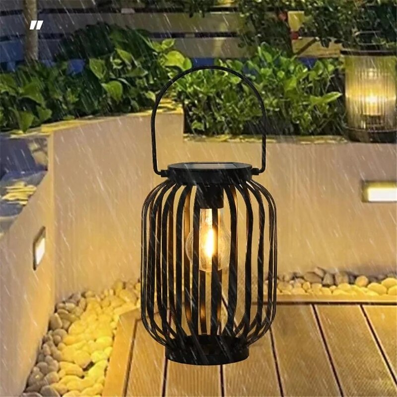 Solar Iron Lantern Outdoor Courtyard Garden Landscape Lantern Decorative Light Waterproof Handheld Hollow Tungsten Wire Lamp 1PC