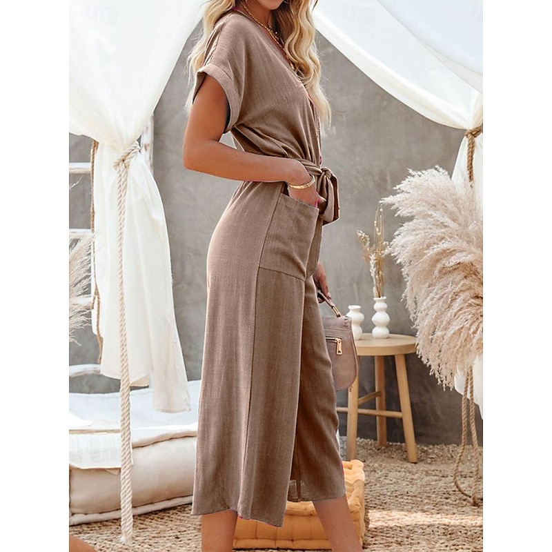 Women's Normal Jumpsuit Basic Solid Color Short Sleeve Shirt Collar Lace up Pocket Street Daily Regular Fit Black Army Green Khaki Summer3