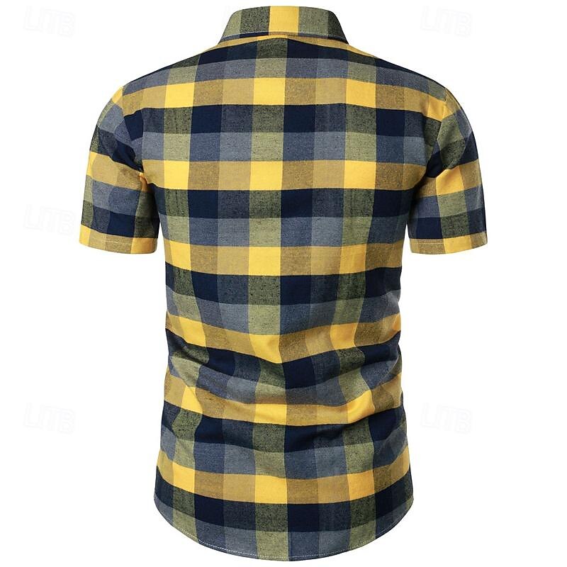 Men's Shirt Dress Shirt Button Up Shirt Plaid Wedding Party Yellow Short Sleeve Lapel Summer Clothing Apparel3