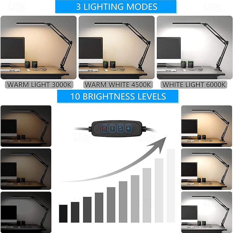 LED Desk Lamp Swing Arm Desk Light with Clamp 3 Lighting 10 Brightness Eye-Caring Modes Reading Desk Lamps for Home Office 360Spin with USB Adapter & Memory Function black-12W2