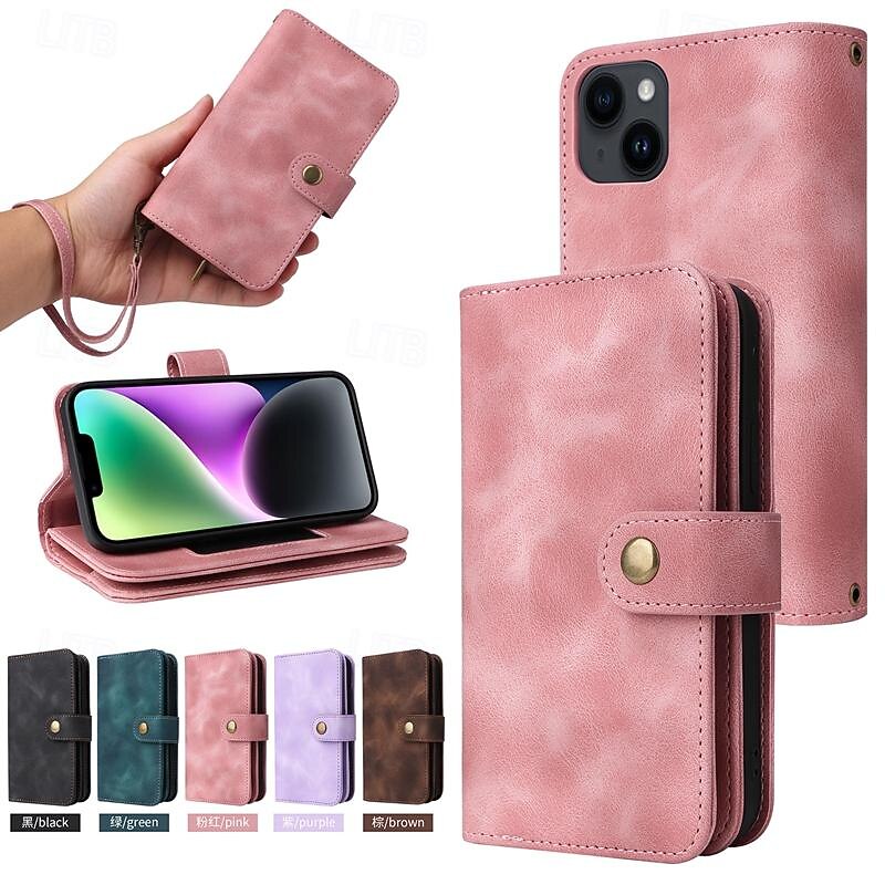 Phone Case For iPhone 15 14 Pro Max Plus 13 12 11 Pro Max Mini Wallet Case Zipper Full Body Protective with Wrist Strap Retro TPU PU Leather