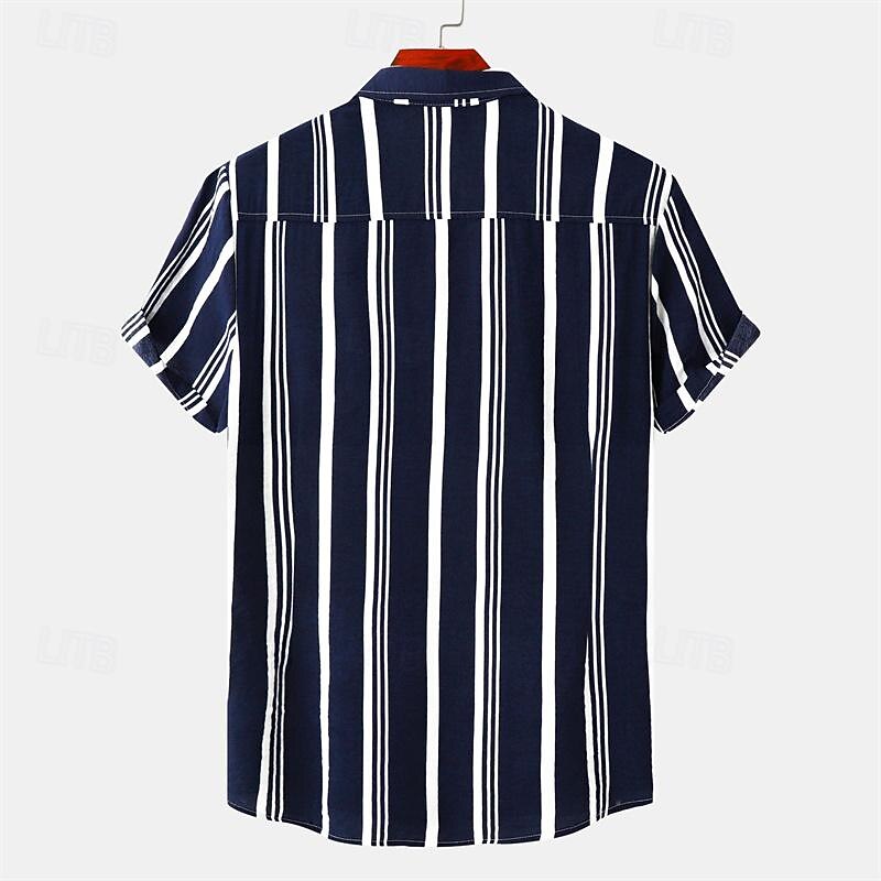 Men's Shirt Summer Shirt Casual Shirt Beach Shirt Button Up Shirt Striped Shirts Black Wine Navy Blue Sky Blue khaki Short Sleeve Stripes Lapel Vacation Hawaiian Clothing Apparel Cotton Fashion2