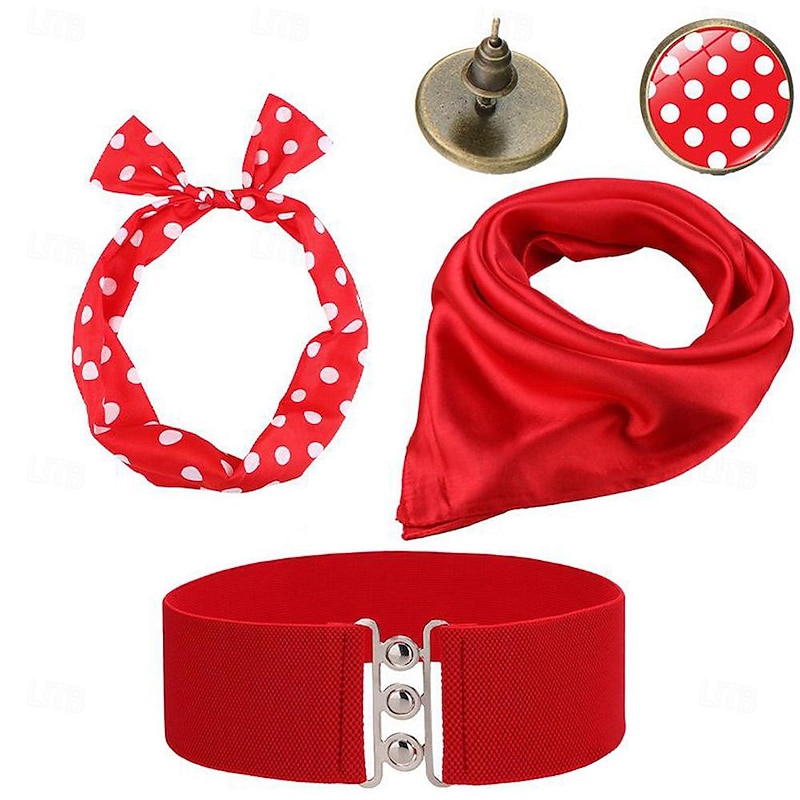50s Accessories Set Retro Vintage 1950's Women Costume Accessories Kit Red Waist Belt Polka Dot Bandana Tie Headband Earrings Scarf 1950s Grease Outfits Party Decor