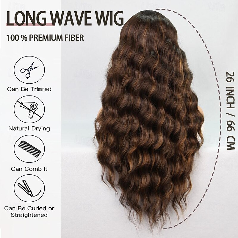 Synthetic Lace Wig Wavy Style 26 inch Multi-color Middle Part T Part Wig Women Wig sepia4