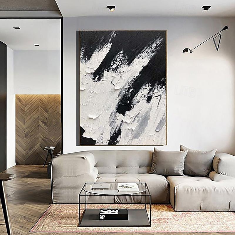 Handmade Black And White Abstract Texture Canvas Wall Art Paintings Modern Simple Abstract Picture Large Thick Oil Art Decor For Living Room Frame Ready To Hang3