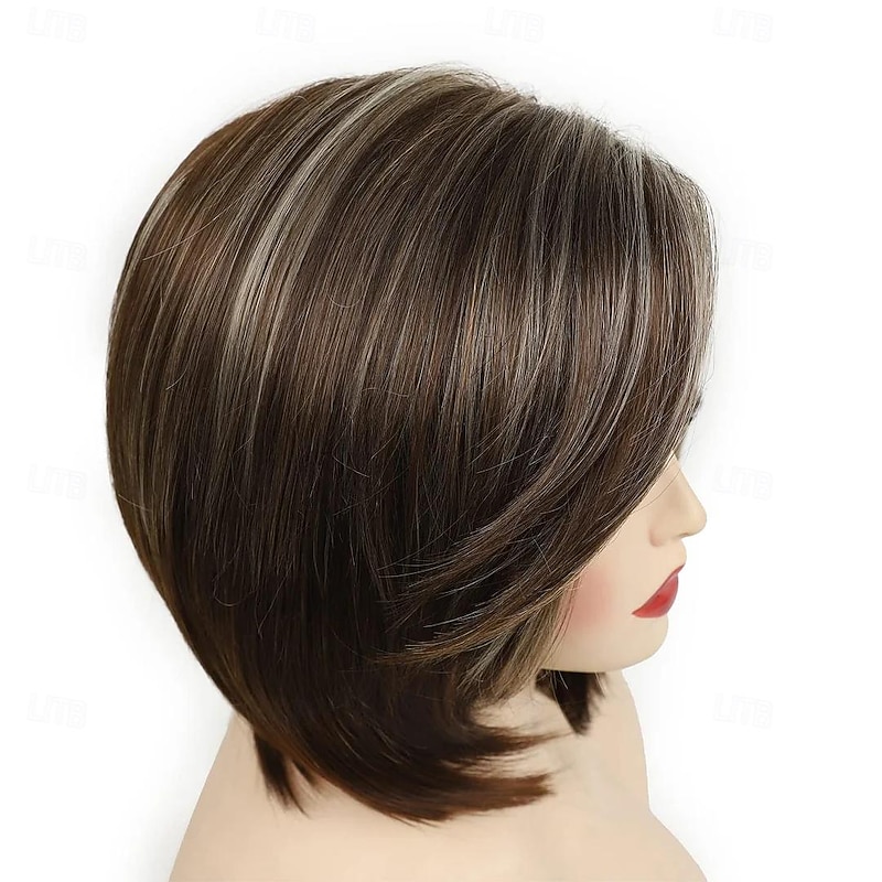 Wig Natural Wave Asymmetrical With Bangs Wig Short Light Brown Synthetic Hair Women's Classic Light Brown Short Bob Wigs with Highlight Natural Looking Wigs3