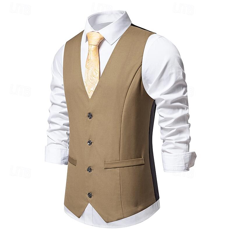 Men's Vest Gilet Daily Wear Vacation Going out Vintage Fashion Spring &  Fall Button Polyester Comfortable Plain Single Breasted V Neck Regular Fit Black Burgundy Khaki Vest2