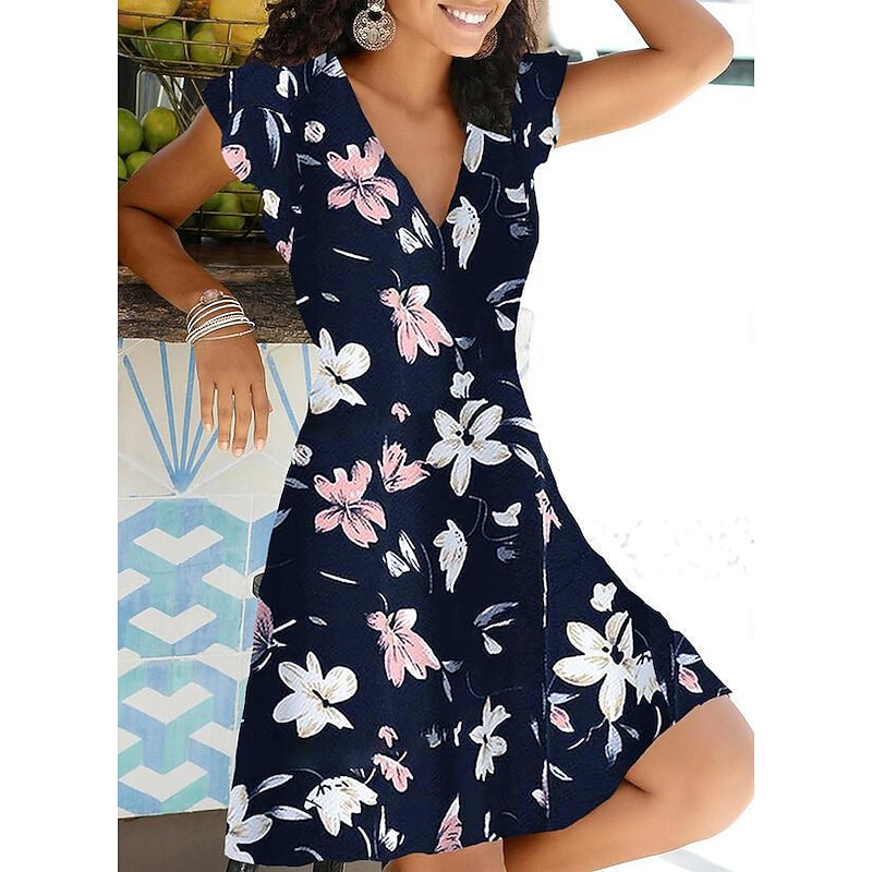 Women's V Neck Flutter Sleeve Mini Dress Short Sleeve Summer Spring - Main Image