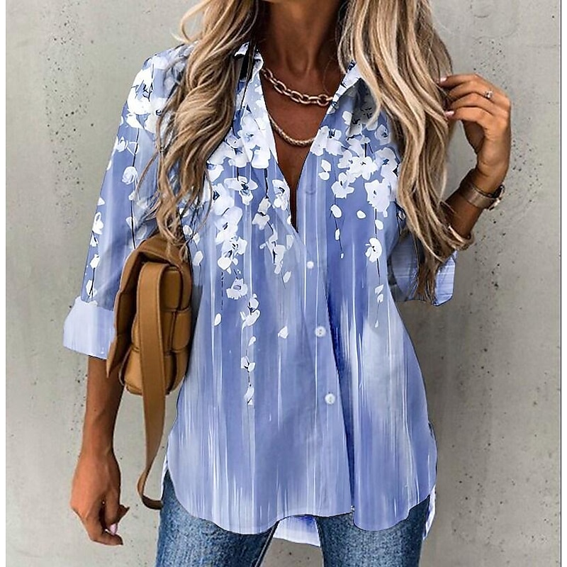 Women's Chiffon Shirt Light Gradient Floral Print Casual Button-Down Long Sleeve Lapel Collar Tops Blouse Breathable Relaxed Fit Multiple Sizes2