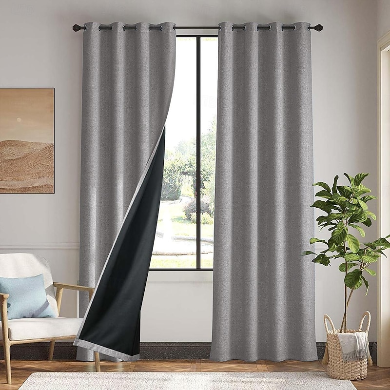 1pc Waterproof Blackout Double Coated Solid Color Cotton And Linen Curtain Bedroom Living Room Home Decoration Perforated Curtain4