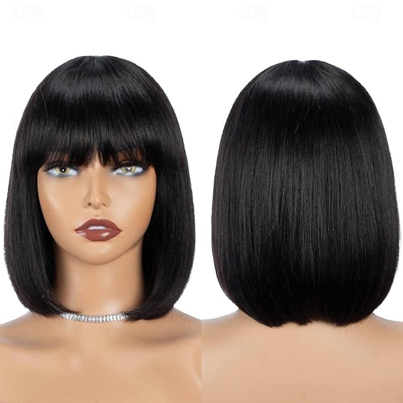 Short Bob Wigs Human Hair 8 Inch Glueless Wear and Go Bob Wig With Bangs Human Hair Wigs for Black Women Human Hair Brazilian Straight Hair None Lace Front Natural Black Wig2