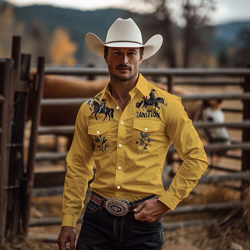 Men's Horse Shirt Western Shirt Cowboy Shirt Long Sleeve Western Style Work Street Causal Summer Spring Fall Turndown Yellow