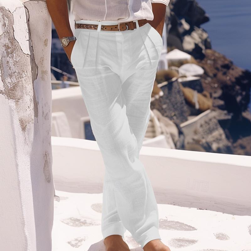 Men's Linen Pants Trousers Summer Pants Beach Pants Buttons Pocket Pleats Plain Comfort Breathable Daily Holiday Vacation Hawaiian Boho White Khaki