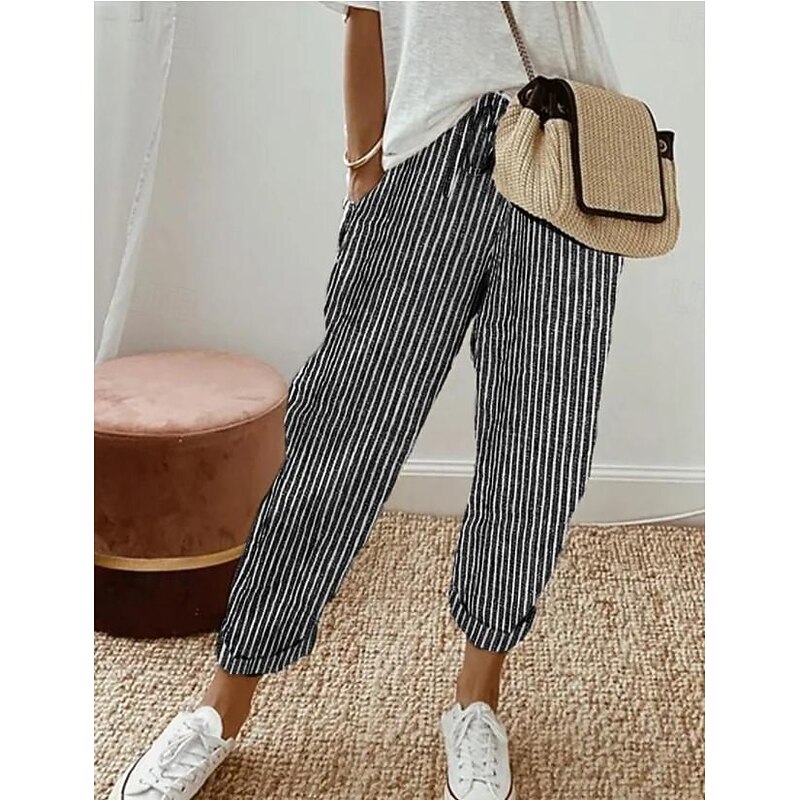 Women's Pants Trousers Casual Daily Ankle-Length Striped Drawstring Side Pockets Breathability Comfortable Inelastic Weekend Black Spring & Summer Regular Fit