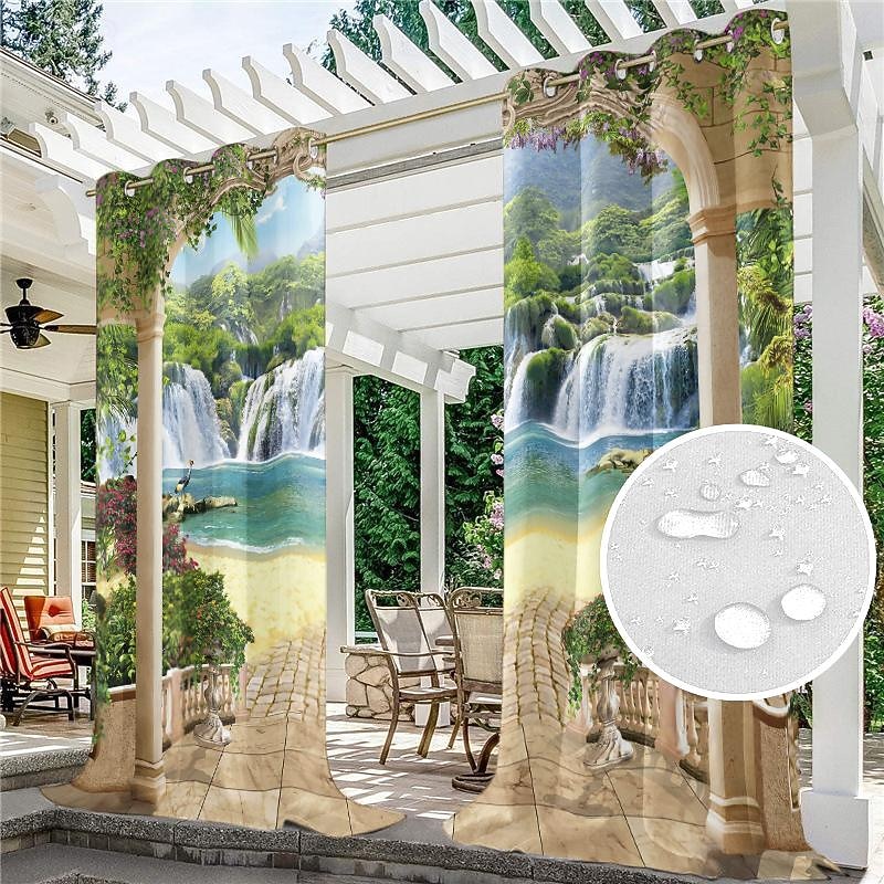 Outdoor Curtains Waterproof Windproof Weatherproof Curtain for Patio, Cabana, Porch, Pergola and Gazebo, Grommet Top Drape, 2 Panels Garden Theme2