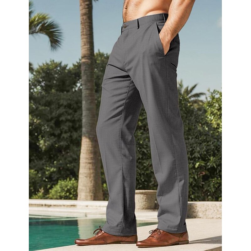Men's Linen Pants Trousers Summer Pants Front Pocket Straight Leg Plain Comfort Breathable Full Length Wedding Work Business Fashion Basic Khaki Dark Gray
