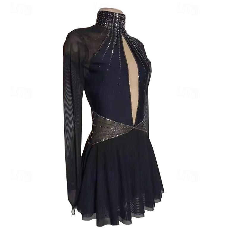 Latin Dance Dress Rhinestone Rivet Beading Women's Girls' Performance Training Long Sleeve Natural Polyester Taffeta