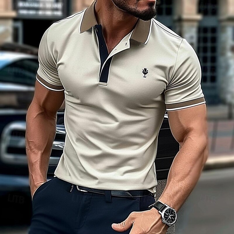 Men's Cotton Polo Shirt Golf Shirt Casual Holiday Lapel Short Sleeve Fashion Basic Color Block Patchwork Summer Regular Fit Navy-blue milk white khaki Cotton Polo Shirt