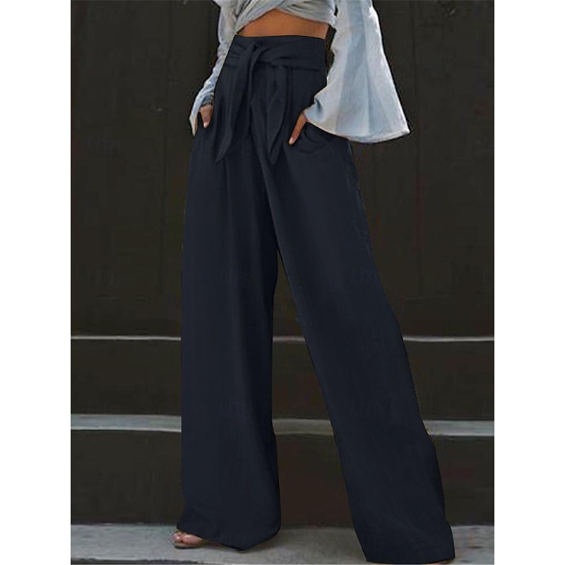 Women's Wide Leg Pants Trousers Streetwear Casual Long High Waist Plain Pocket High Cut Breathability Soft Micro-elastic Vacation Street Daily Wear Black Yellow Sky Blue Dark Blue Summer Spring