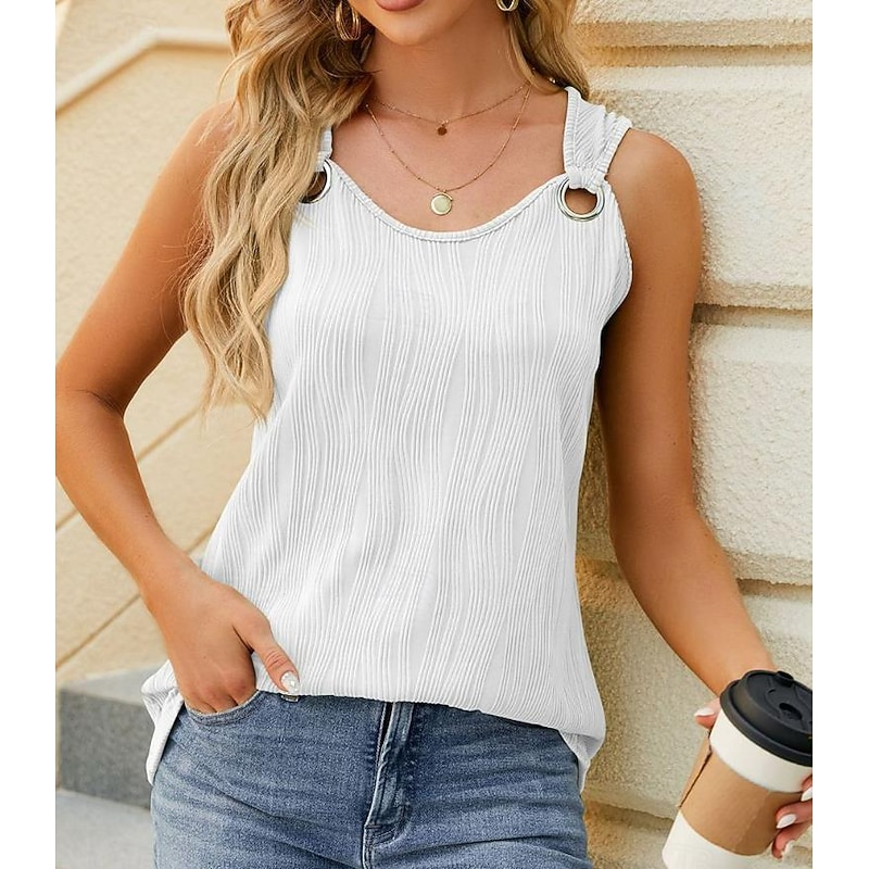 Women's Camisole Tank Top Striped Sleeveless Top One-Shoulder Buttoned Asymmetrical Neckline Casual Blouse for Summer Social Gatherings White2