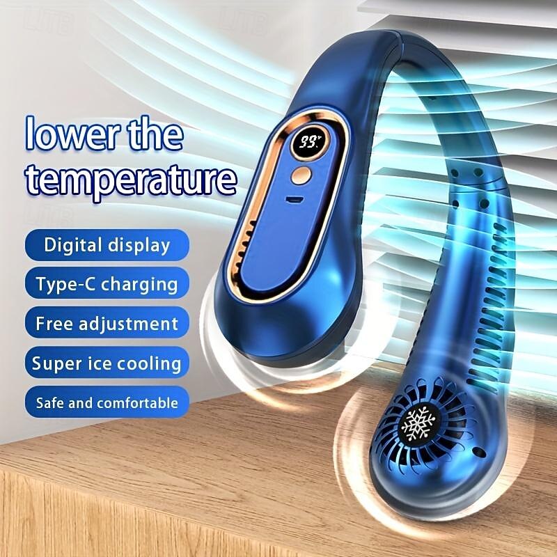 Digital Display Neck Fan – Wearable 5-Speed USB Rechargeable Air Cooler for Outdoor Use4