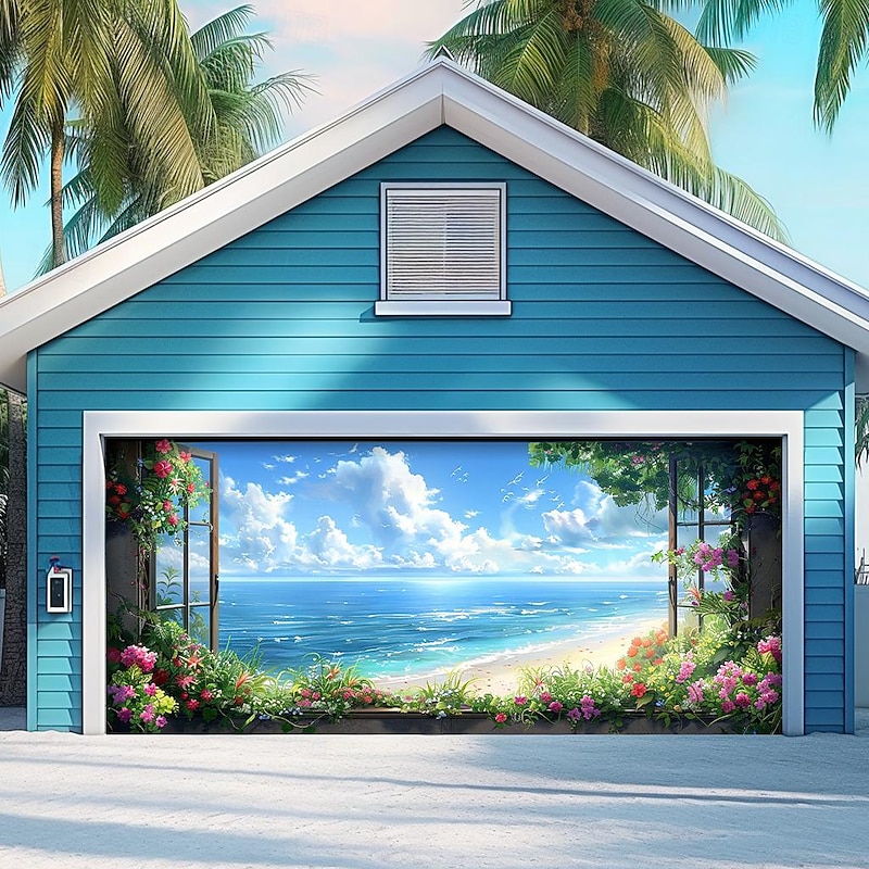 Summer Beach Landscape Outdoor Garage Door Cover Banner Beautiful Large Backdrop Decoration for Outdoor Garage Door Home Wall Decorations Event Party Parade
