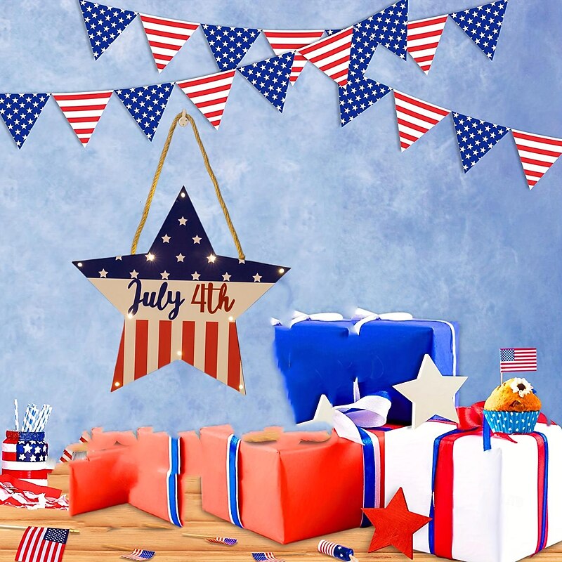 Patriotic Light-Up Welcome Sign for Front Door, 4th of July Independence Day Wreath Decorations, Outdoor Door Hanger for Porch, Wall, Window, 12 Inch3