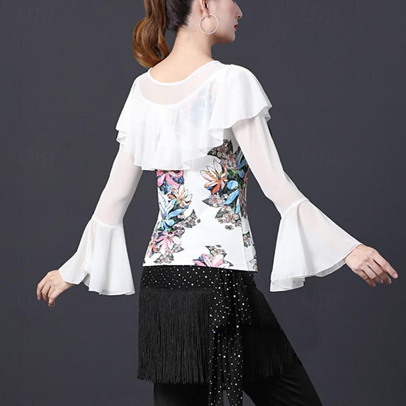 Latin Dance Ballroom Dance Top Printing Ruffles Splicing Women's Performance Training Long Sleeve High Polyester2