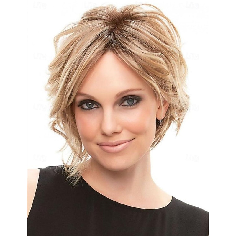 Short Ombre Blonde Wavy Bob Wigs for White Women Chin Length Blonde Highlight Bob Wig with Brown Roots Natural Looking Synthetic Daily Party Wig