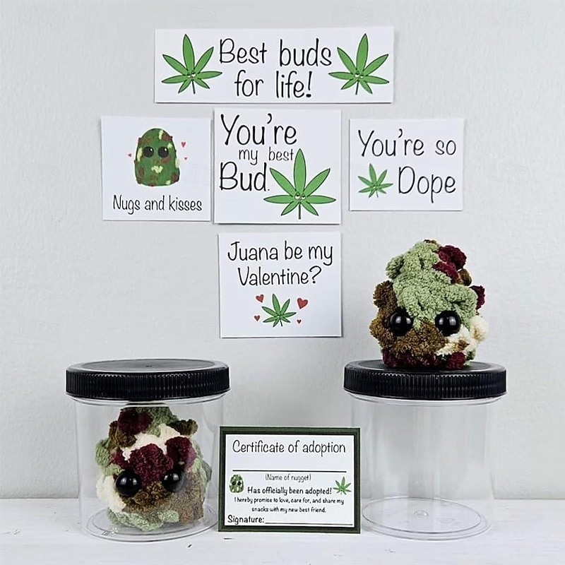 Adopt a Weed Nugget Plushie, Little Weed Nugget Plushie with Encouragement Cards, in a Jar Handmade Plush Stuffed Toys, Best Buds for Life Desktop Ornaments Gift