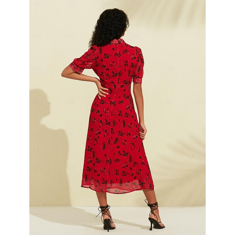 Chiffon Floral Print Puff Sleeve Midi Dress2