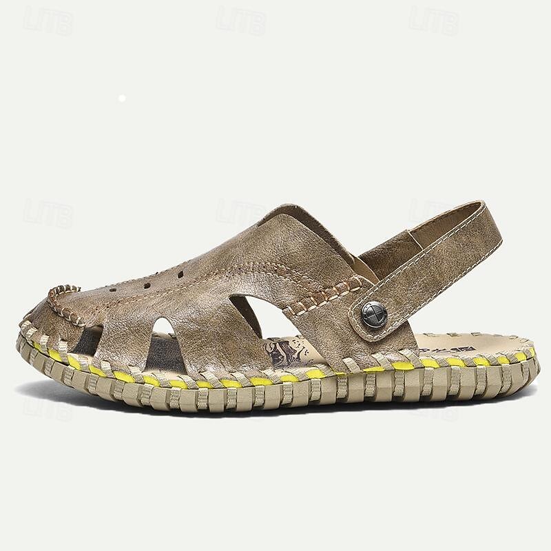 Men's Sandals Flat Sandals Leather Breathable Comfortable Slip Resistant Buckle Black Khaki Coffee4