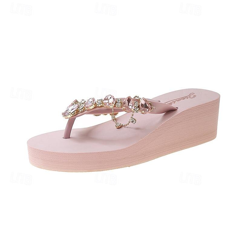 Women's Pink Rhinestone-Embellished Wedge Flip-Flops - Stylish Beach Sandals for Summer and Casual Wear3