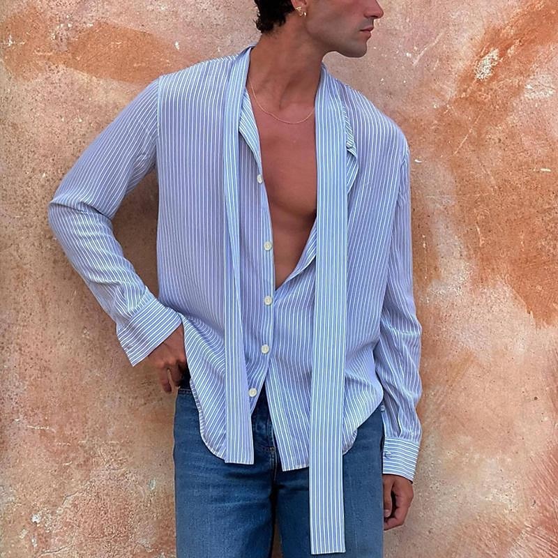 Men's Shirt Summer Shirt Casual Shirt Beach Shirt Button Up Shirt Light Blue Long Sleeve Stripes Lapel Vacation Hawaiian Button-Down Clothing Apparel Polyester Fashion Casual Comfortable2