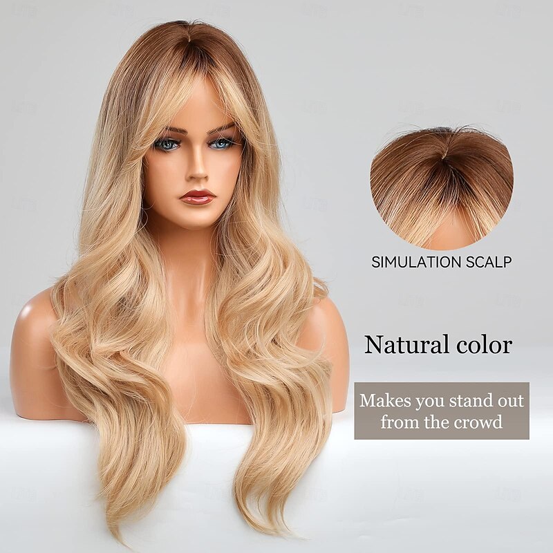 Brown Light Brown Wine Red Black Blonde Long Wigs for Women Long Curly Wavy Wig with Bangs Synthetic Natural Wig for Women Natural Hair Heat Resistant Cosplay Hair Wigs4
