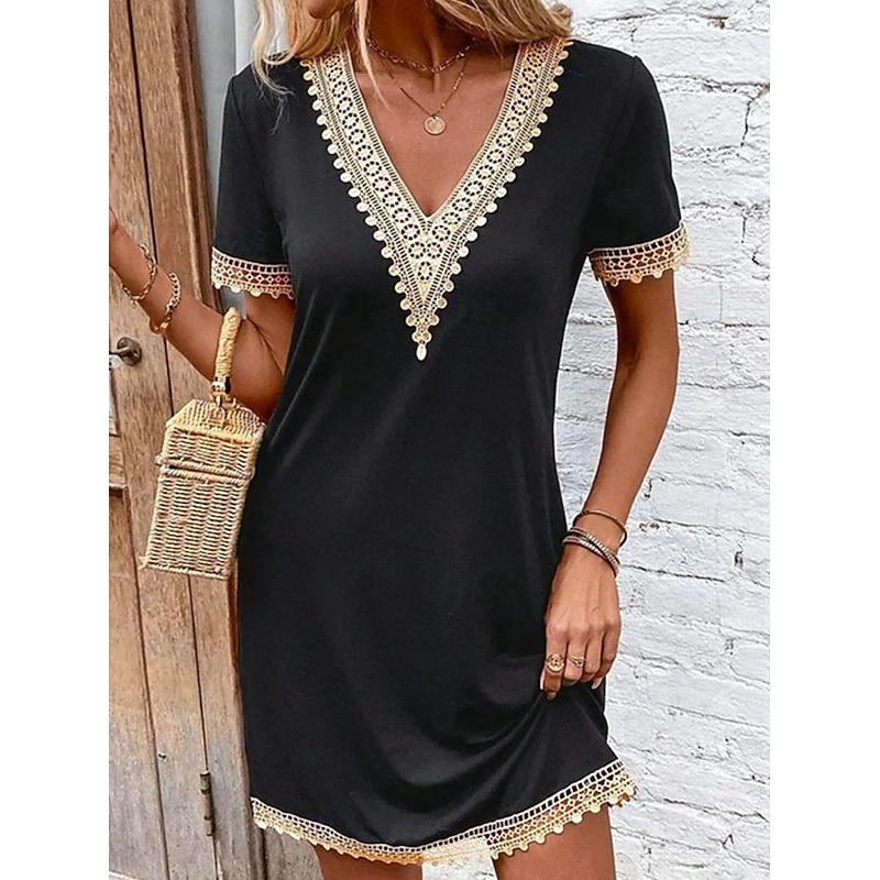 Women's Casual Dress V-neck Short Sleeve Crochet Lace Trim Solid Black Knee-length Versatile Summer Fashion Comfortable Fit Various Sizes4