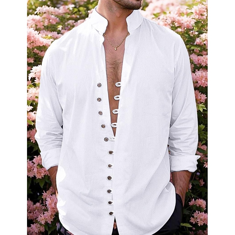 Men's Linen Shirt Shirt Button Up Shirt Casual Shirt Summer Shirt Black White Pink Long Sleeve Plain Band Collar Summer Spring & Fall Daily Vacation Clothing Apparel