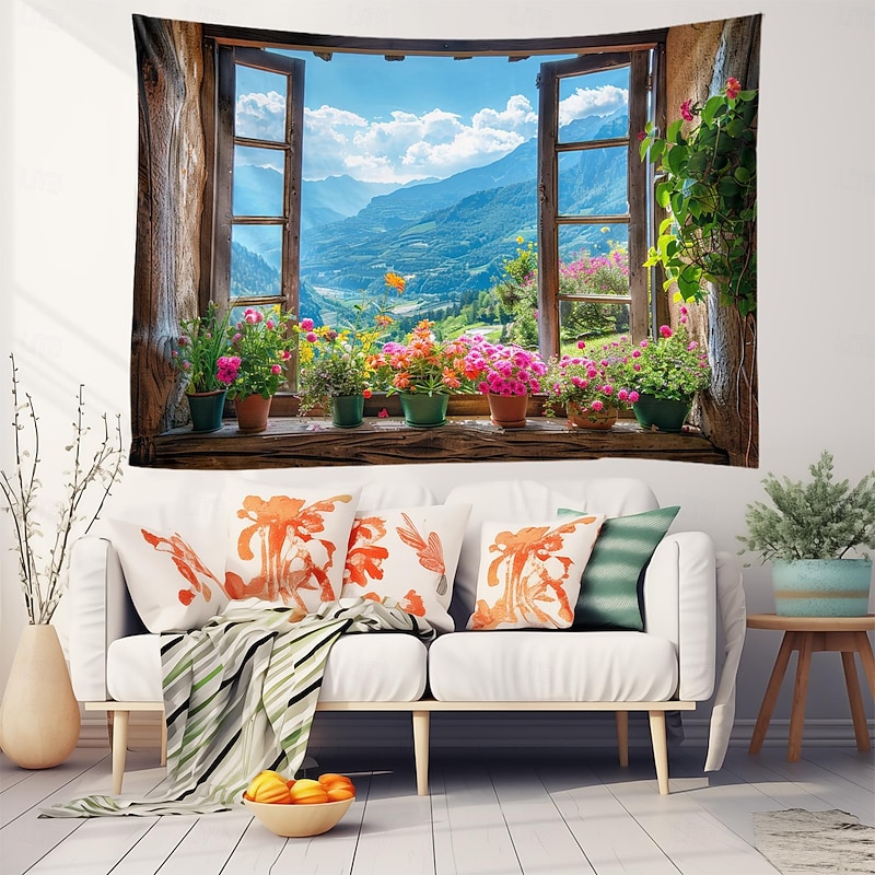 Window Mountain View Hanging Tapestry Wall Art Large Tapestry Mural Decor Photograph Backdrop Blanket Curtain Home Bedroom Living Room Decoration Cottagecore2