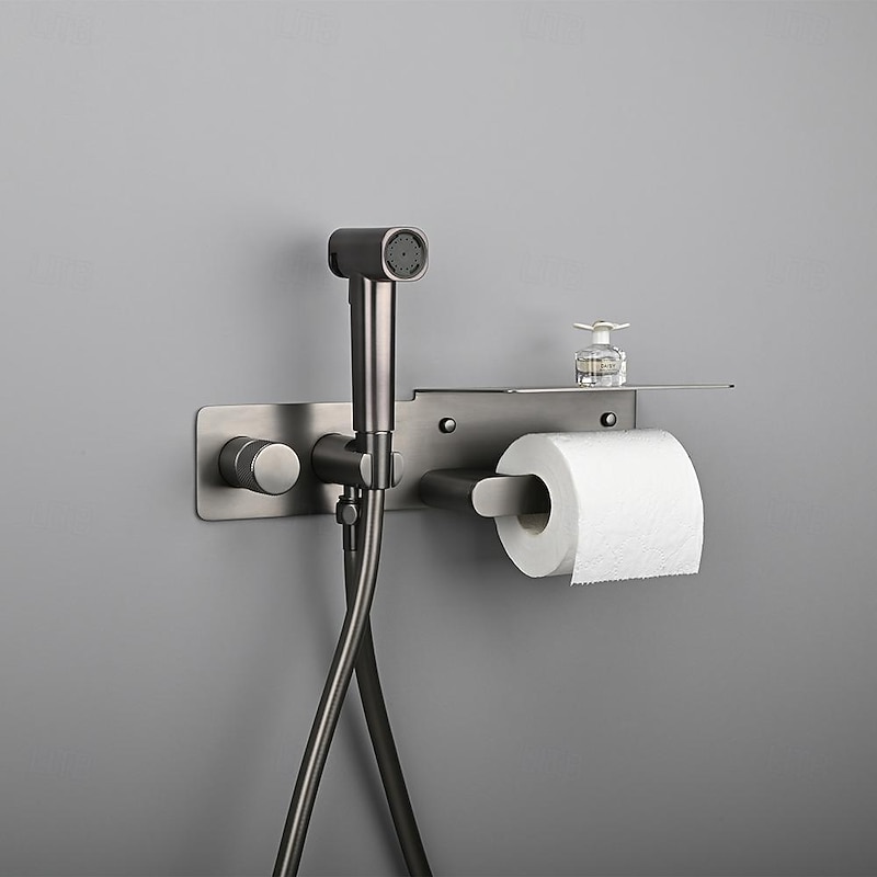 Brushed Gold Bidet Sprayer Concealed Button Brass Valve with Commodity Shelf Paper Holder Plastic Sprayer PVC Hose Grey4